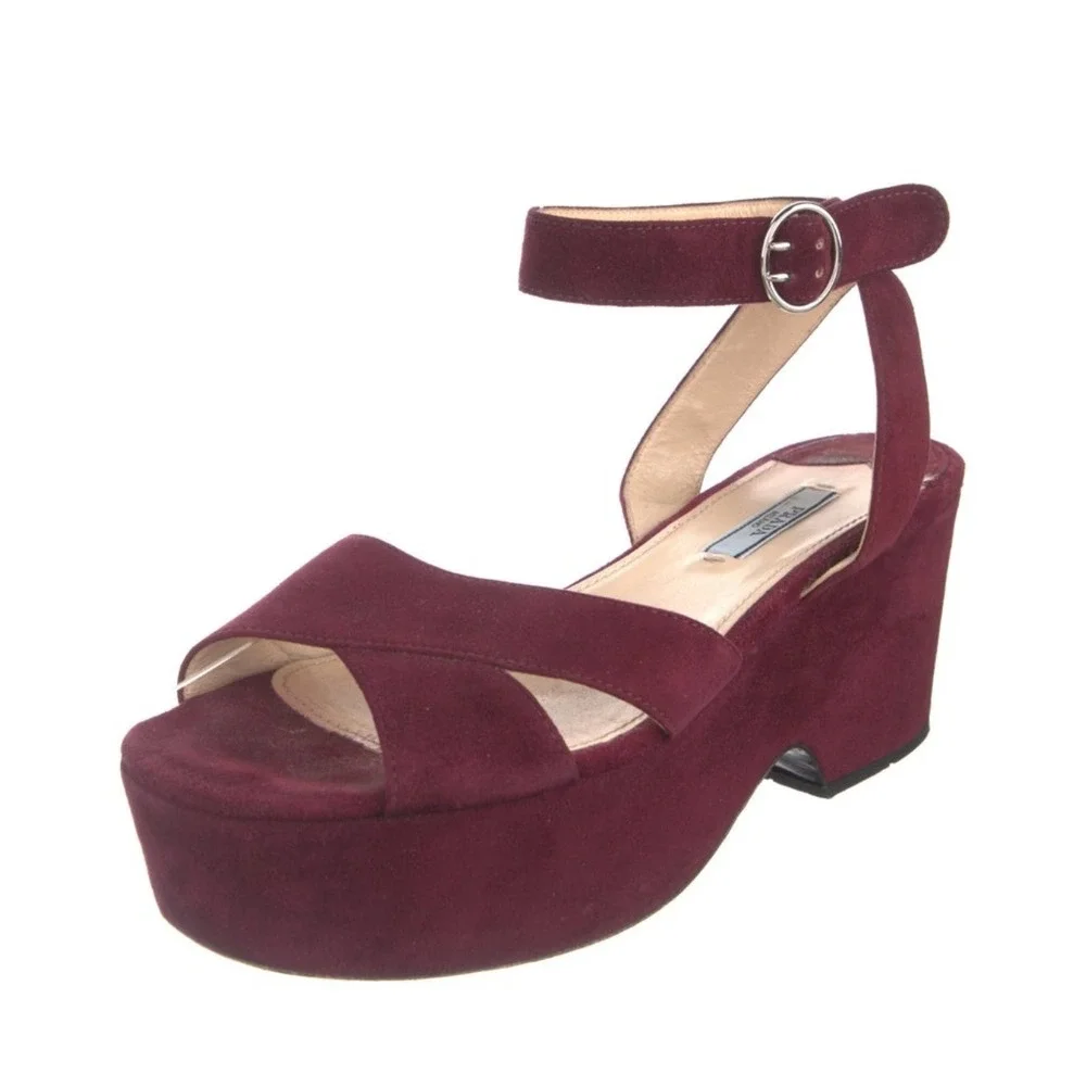 Prada Milano Burgundy Suede Platform Sandals Ankle Strap Block Heel Womens